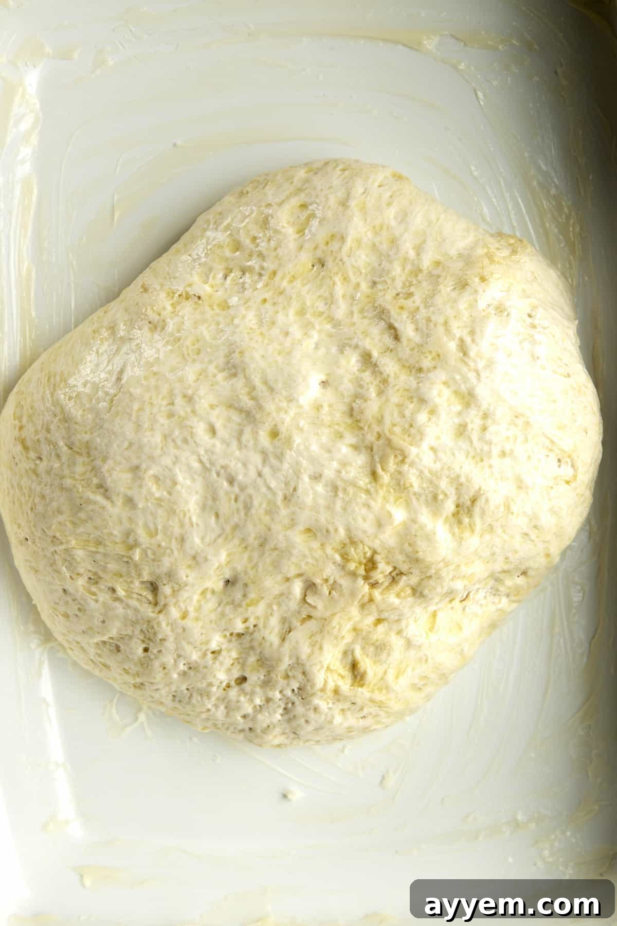 Overhead image of a ball of dough in a baking dish.
