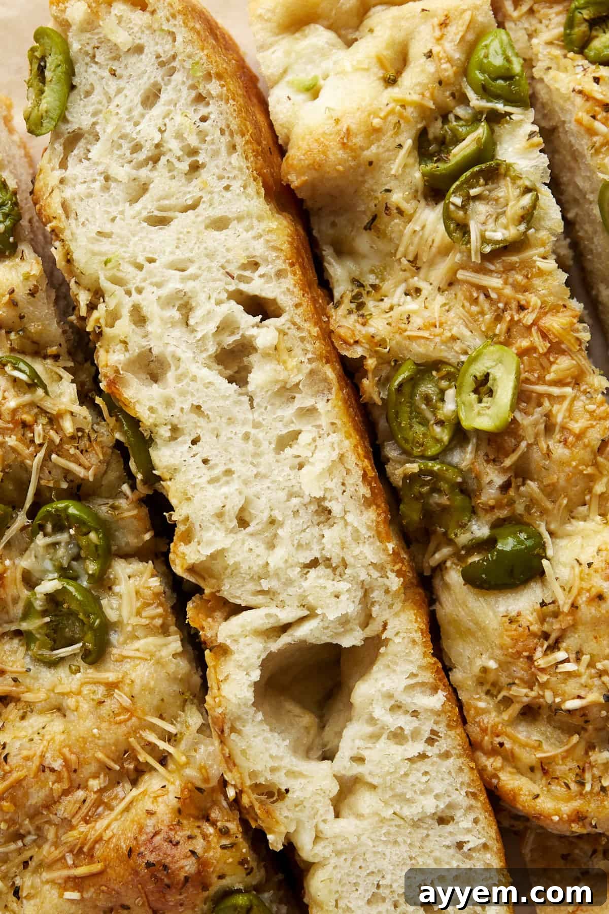 Slices of olive focaccia bread,