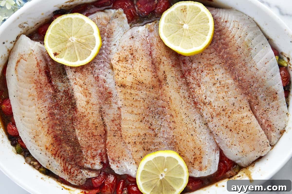 Four raw tilapia fillets are arranged over a vibrant, pre-baked tomato mixture, topped with fresh lemon slices, ready for their final bake.