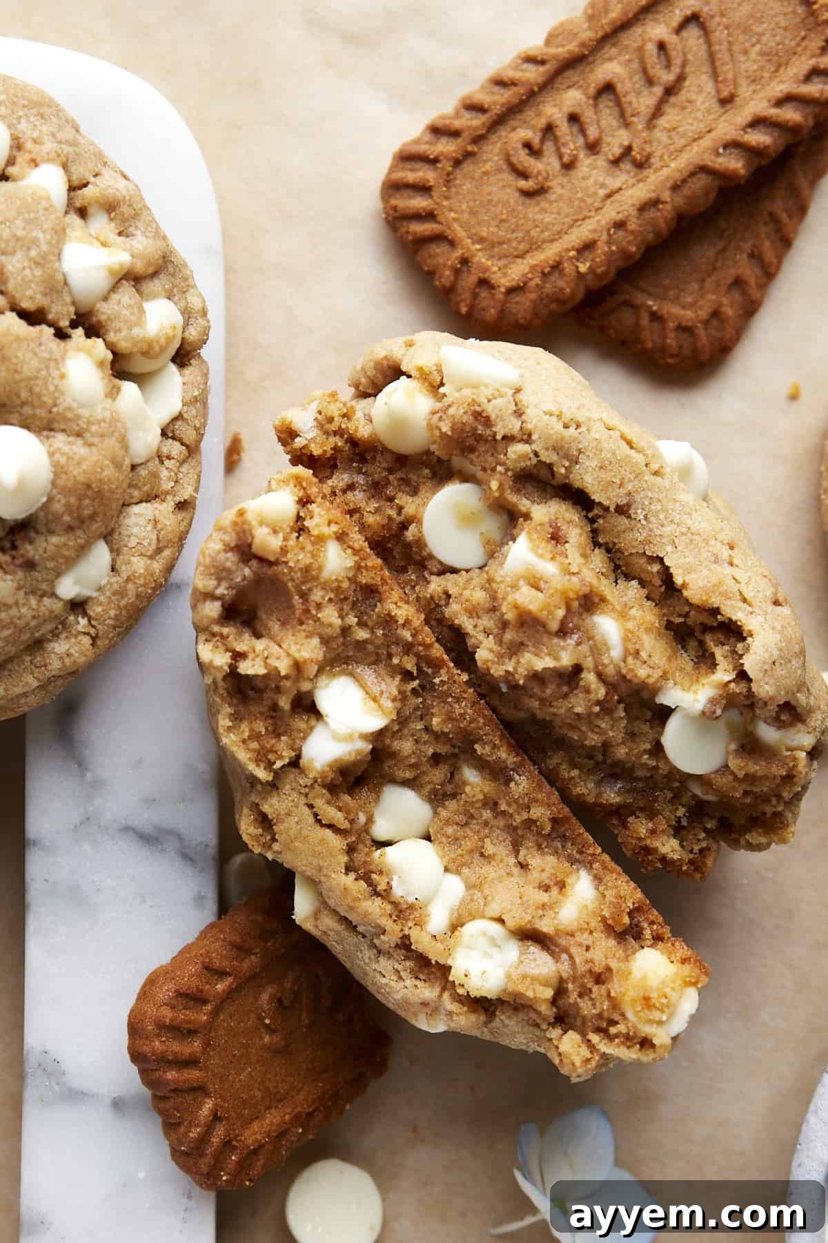 A stack of golden brown White Chocolate Chip Biscoff Cookies, garnished with Biscoff cookies and white chocolate chips.