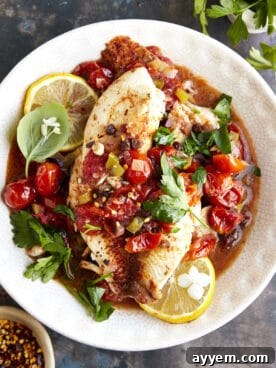 Beautifully baked Mediterranean tilapia fillets garnished with fresh herbs, lemon slices, and cherry tomatoes.