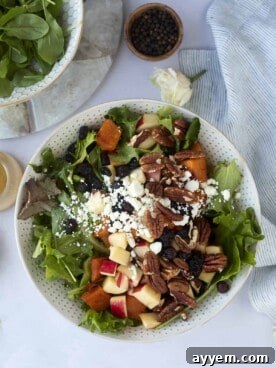 An inviting overhead view of a vibrant bowl of Roasted Butternut Squash Salad, showcasing beautifully roasted squash cubes, crisp mixed greens, crunchy nuts, and a sweet and tangy homemade dressing.