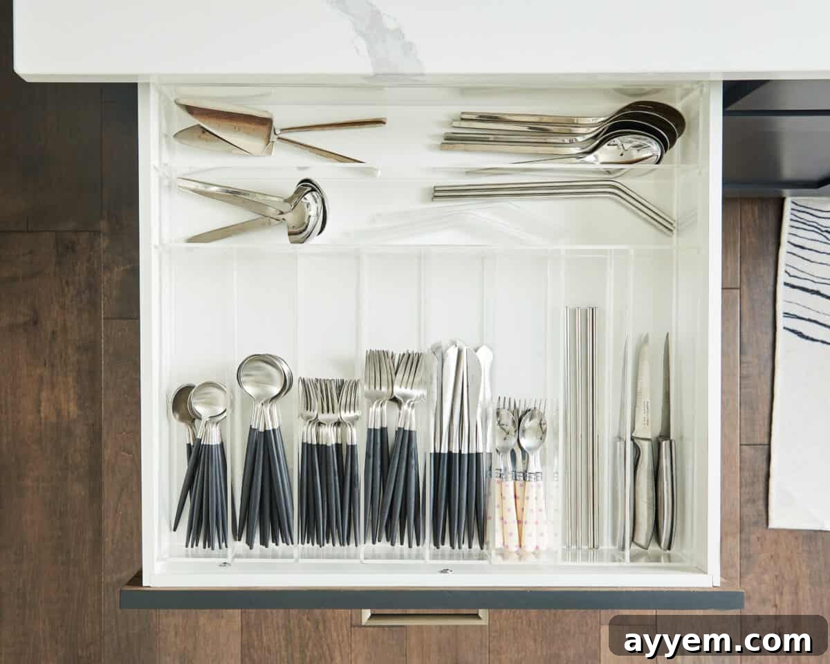 Kitchen utensils neatly arranged in a drawer with dividers, highlighting effective kitchen gadget organizers.