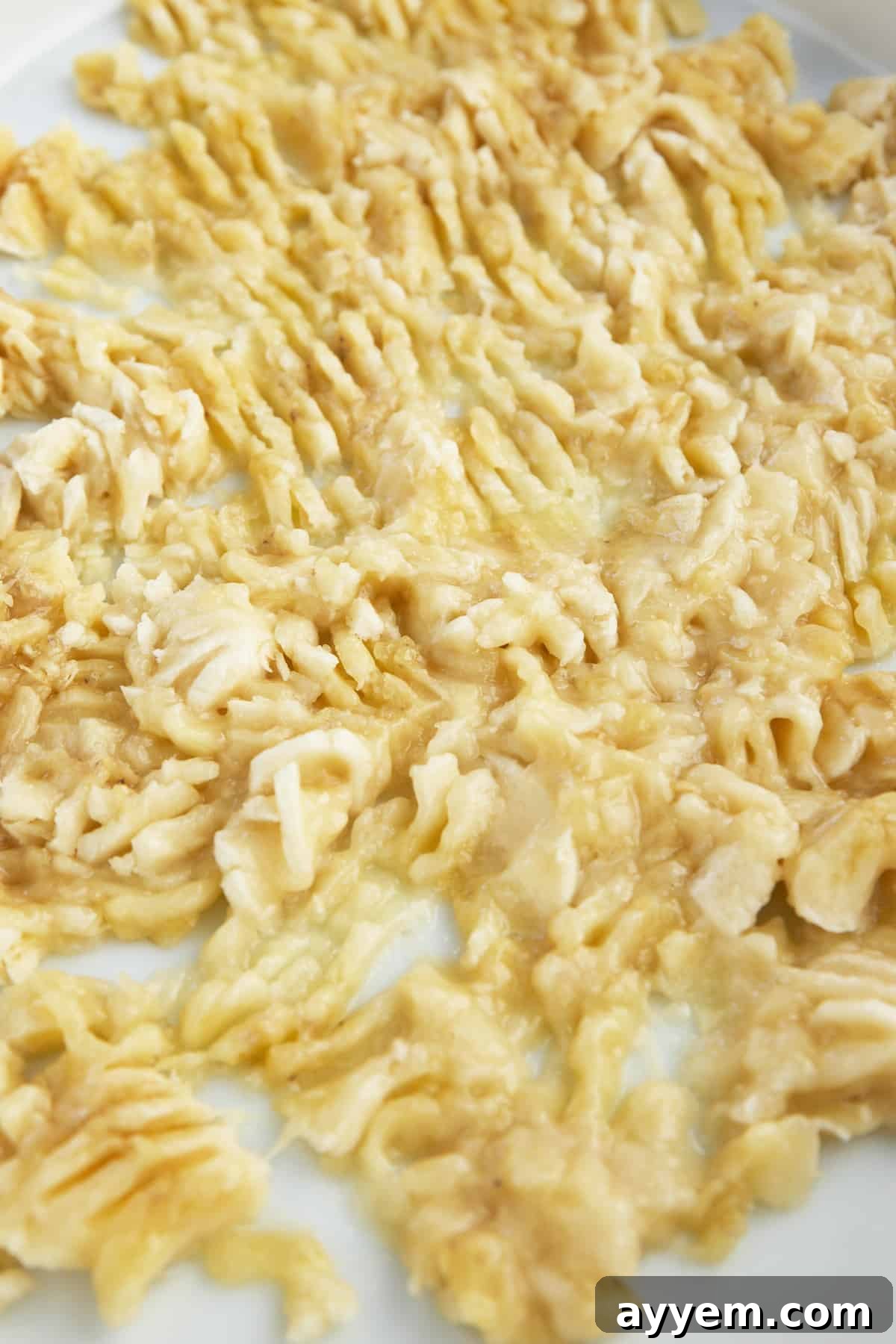 Mashed bananas in a baking dish. 
