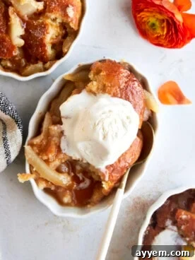 An overhead image of a warm, bubbling pear cobbler, generously topped with a scoop of melting vanilla ice cream.
