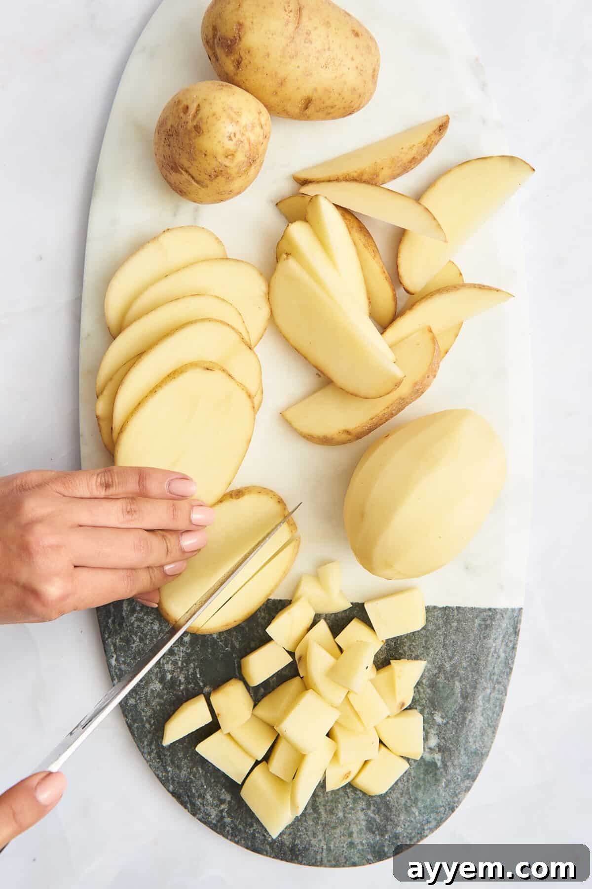 A visual guide showcasing whole potatoes, peeled potatoes, and various potato cuts including slices, cubes, and wedges, neatly arranged.