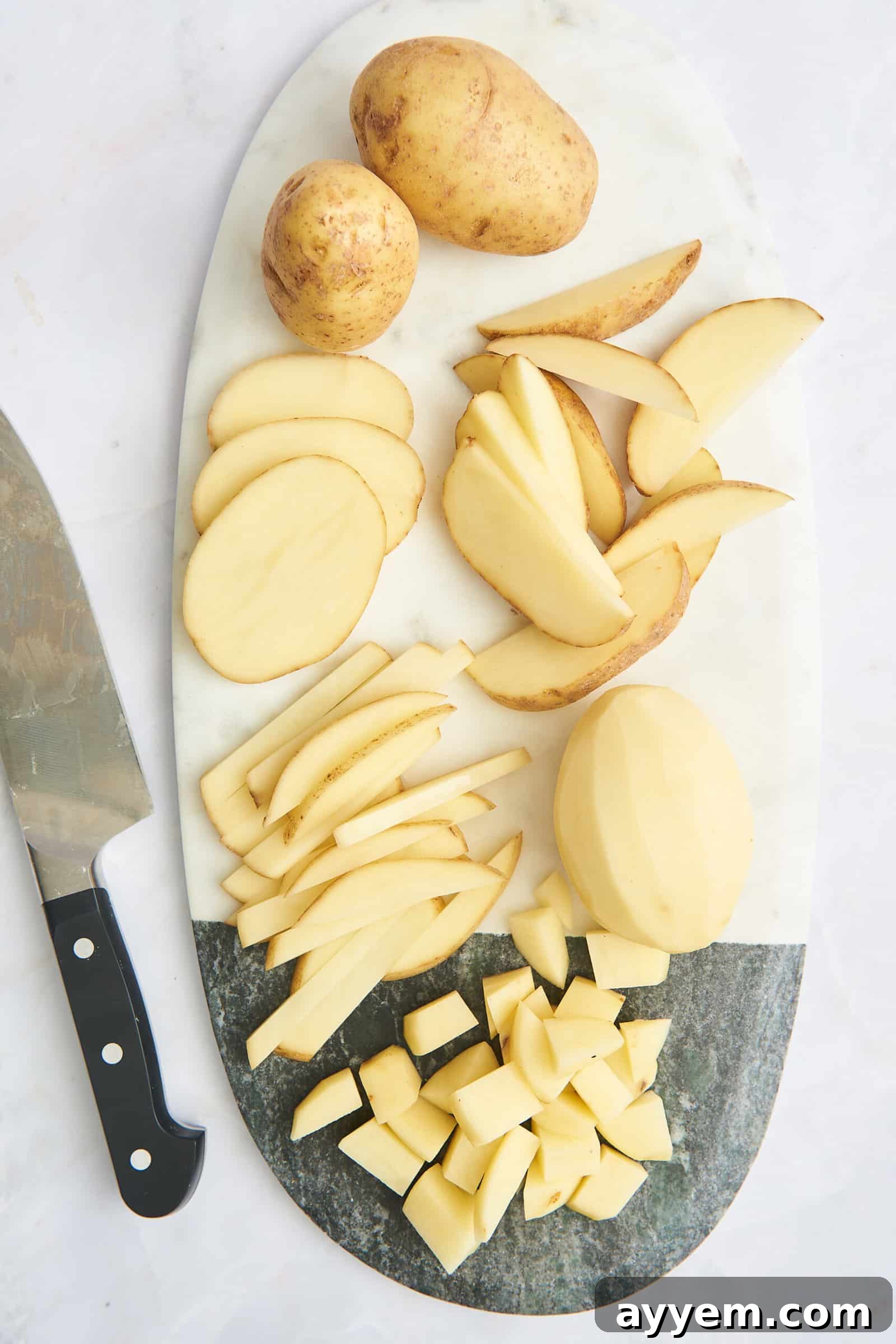 Whole potatoes, peeled potatoes, potato slices, wedges, fries, and cubes.