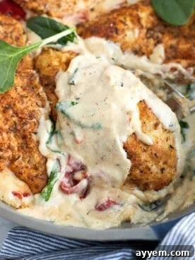 Close up image of a creamy Marry Me Chicken dish in a skillet, topped with fresh parsley.