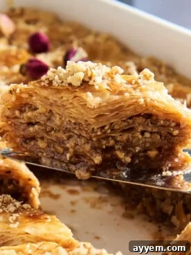 Golden, flaky Greek-inspired Baklava drenched in syrup, showcasing layers of phyllo dough and walnuts.