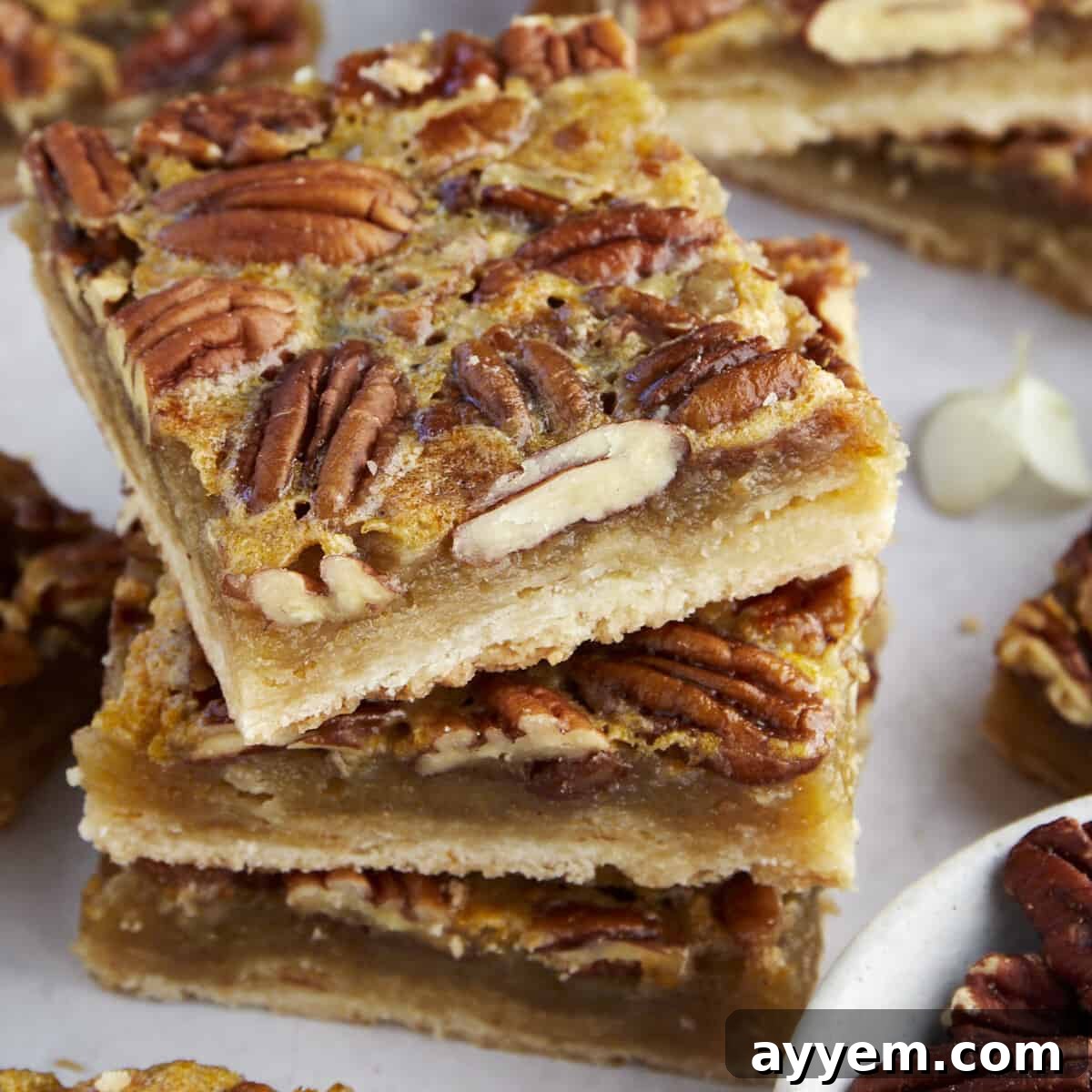 A top-down view of beautifully arranged Easy Pecan Pie Bars, glistening with a rich, caramel pecan topping and a golden-brown crust.