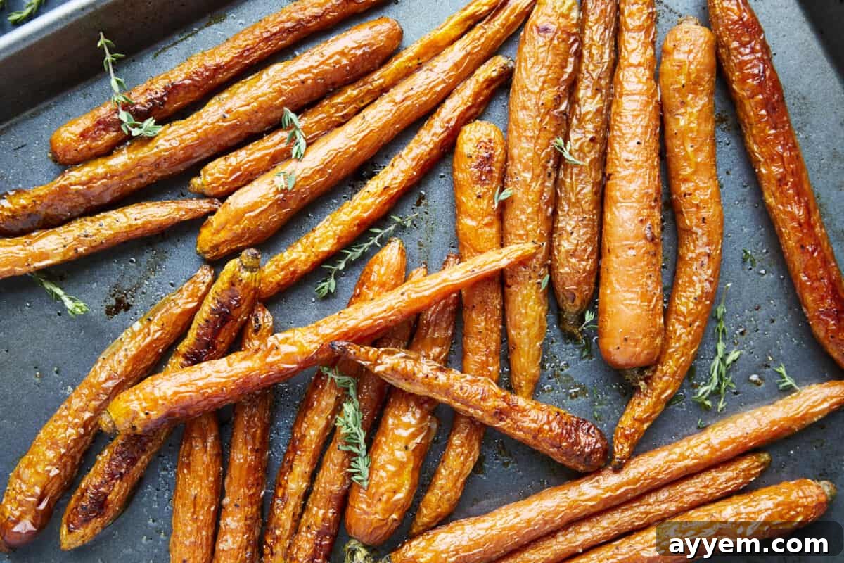 Oven-baked carrots topped with fresh herbs, glistening with caramelized goodness on a baking sheet.