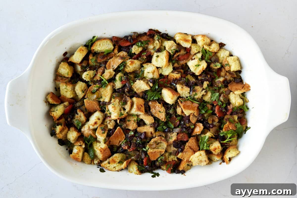 Flavorful Mediterranean Stuffing 7 Mediterranean style bread dressing in a baking dish.