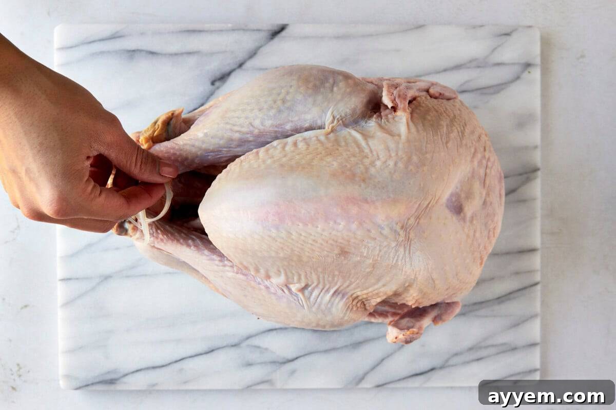 A glistening raw whole turkey, perfectly prepared for seasoning.
