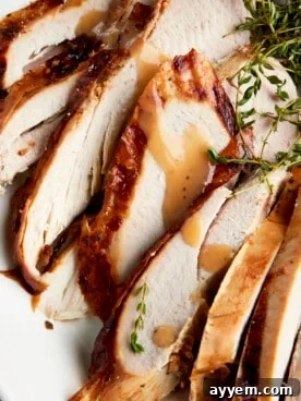 Slices of baked turkey drizzled with turkey gravy, presented on a festive platter.