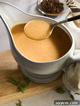 Rich, savory turkey gravy, perfect for drizzling over your holiday feast.