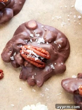 A glistening chocolate caramel pecan cluster topped with a whole pecan and a sprinkle of sea salt.