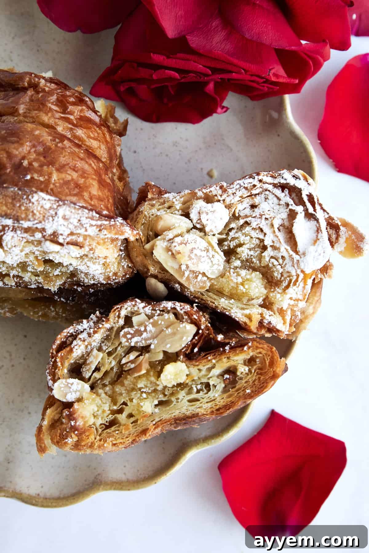A top-down view of golden-brown Croissant French Toast with Almonds, dusted with powdered sugar, in a baking dish.