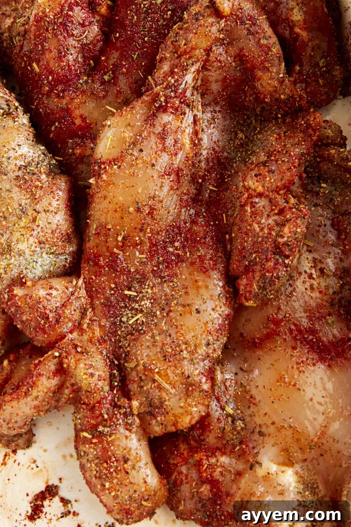 Raw chicken breast pieces seasoned with Italian seasoning, garlic powder, smoked paprika, salt, and black pepper.