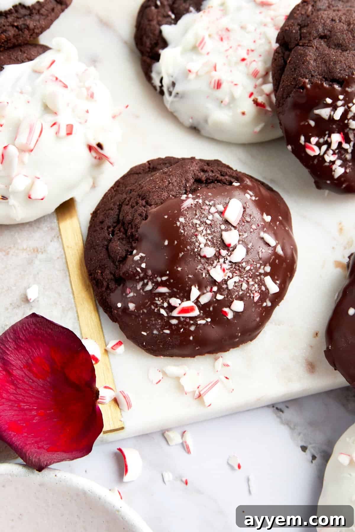 A close-up shot of several dipped chocolate peppermint cookies, showcasing the melted white chocolate and generous sprinkling of crushed candy canes.