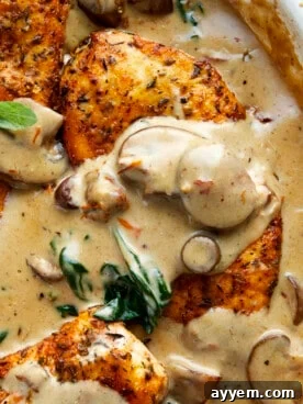 Close-up of creamy mushroom chicken served in a skillet, garnished with fresh parsley.