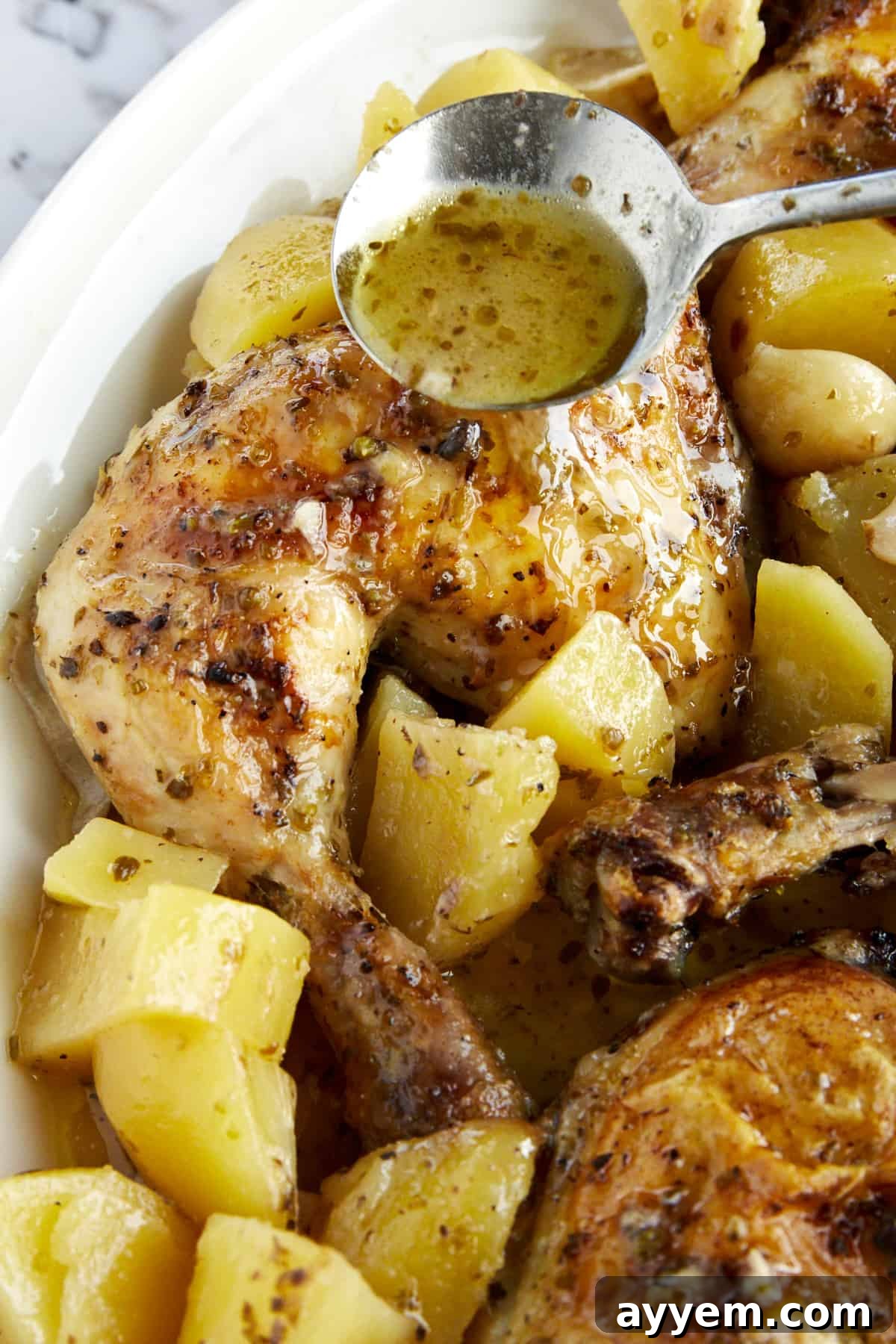 Zesty Greek Roasted Chicken and Potatoes 4 Baked lemon Greek chicken and potatoes in a baking dish, ready to serve.