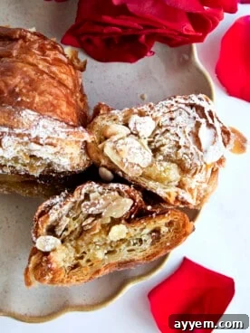 A stack of golden Croissant French Toast with Almonds, dusted with powdered sugar and garnished with fresh berries, for a gourmet breakfast.