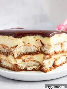 A slice of Tiramisu Eclair Cake on a plate, showing its creamy layers and chocolate drizzle.