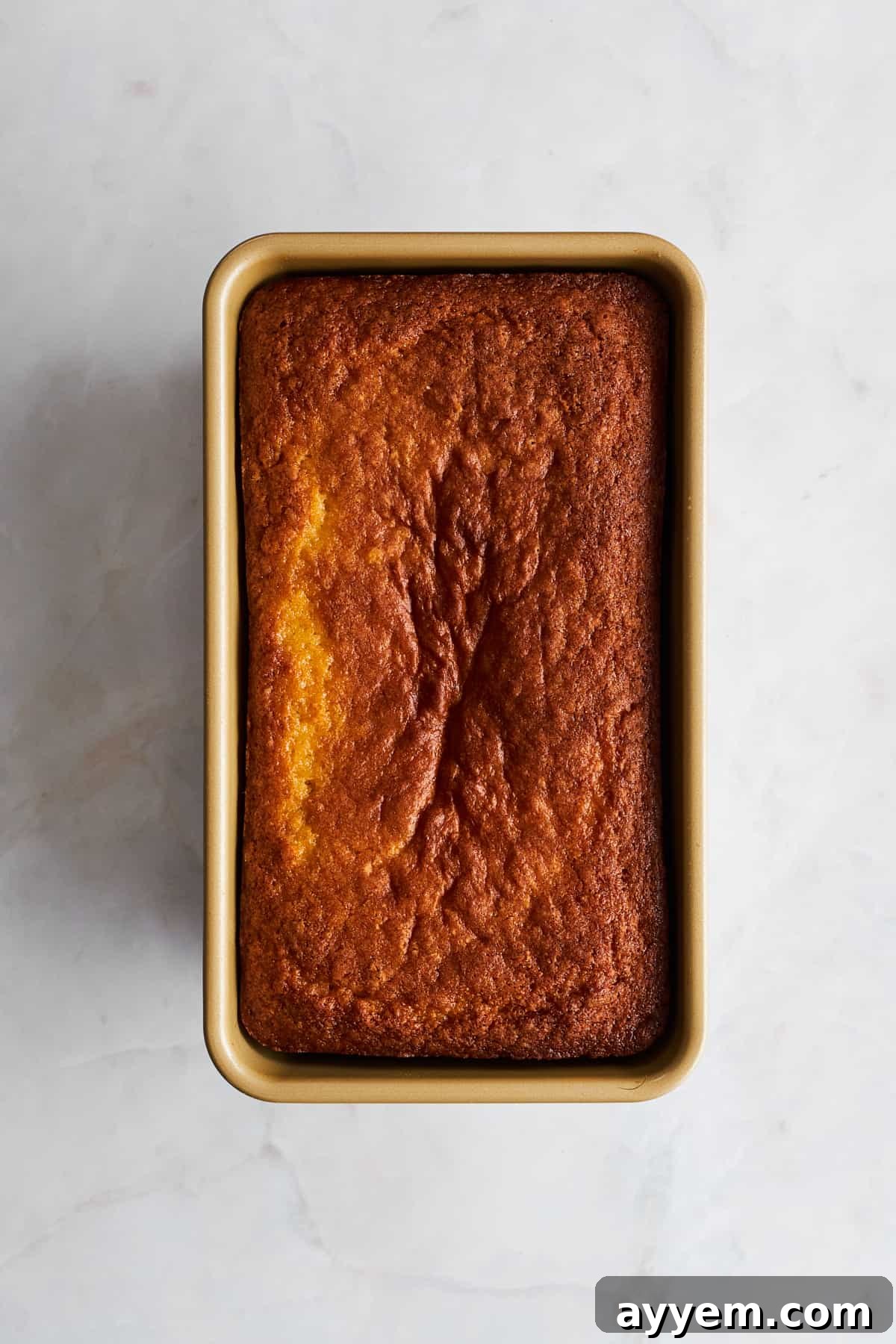 Baked lemon loaf in a loaf pan. 