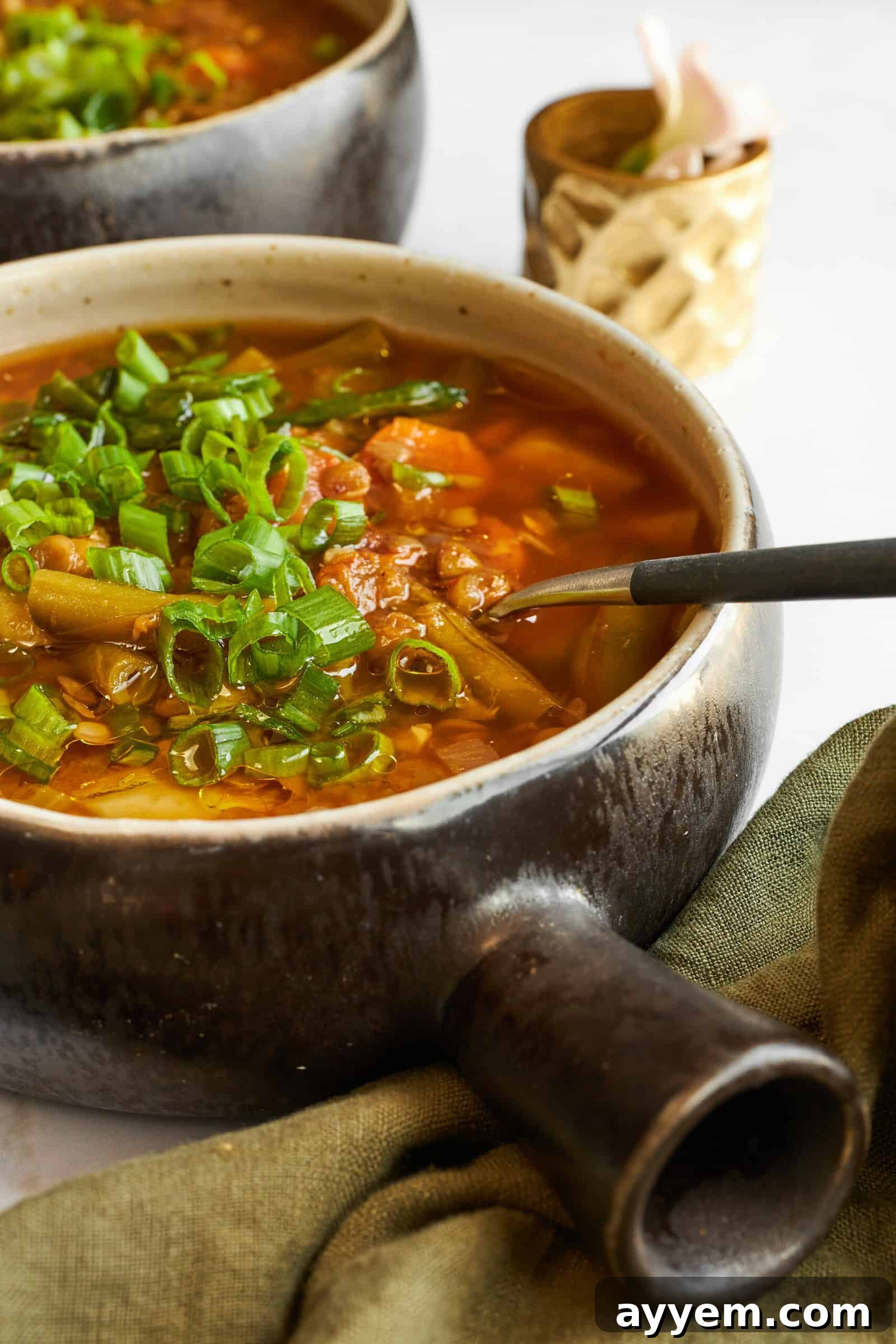Close-up of a bowl of slow cooker lentil soup garnished with fresh parsley.