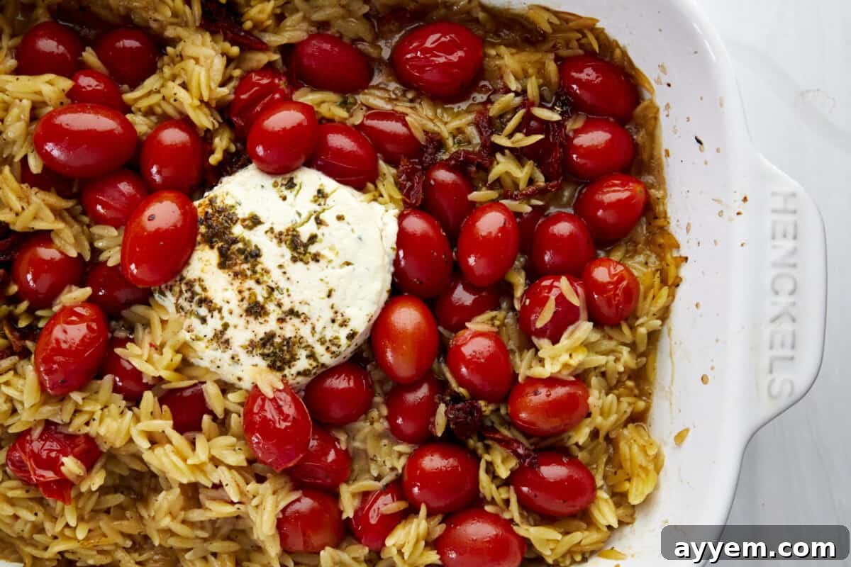 Tomato Boursin pasta bake ingredients in a baking dish.