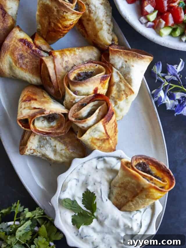Beef rolls on a platter with a bowl of tzatziki.