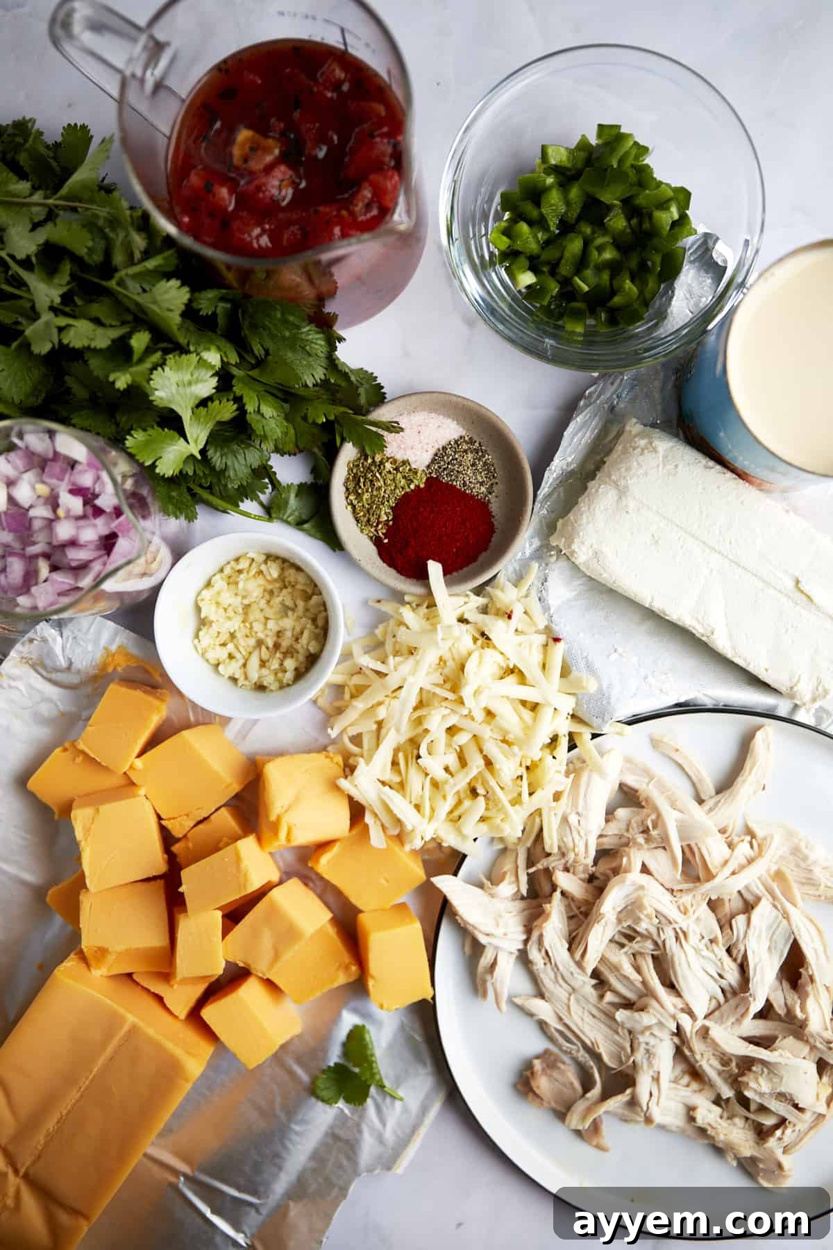 All essential ingredients for making baked chicken queso dip neatly arranged on a white surface, showcasing the fresh vegetables, various cheeses, and seasonings.