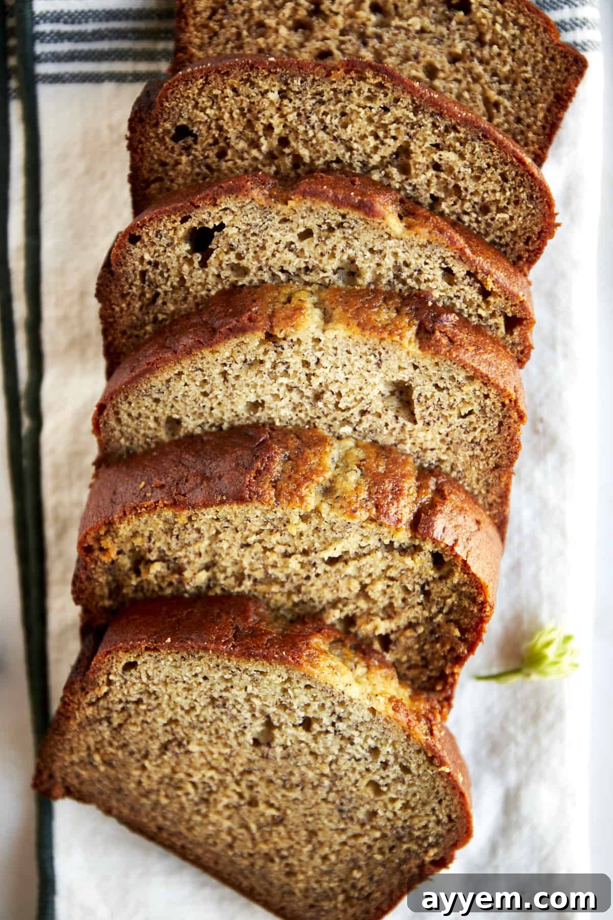 A beautifully baked loaf of blender banana bread, with several slices arranged neatly beside it, inviting a delicious treat.