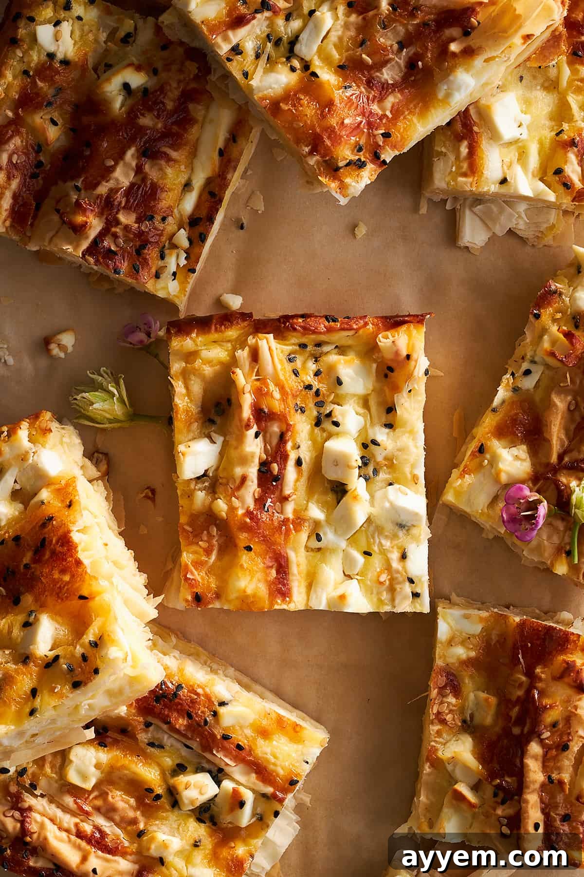 Crinkle Feta Cheese Phyllo bake, sliced into servings.