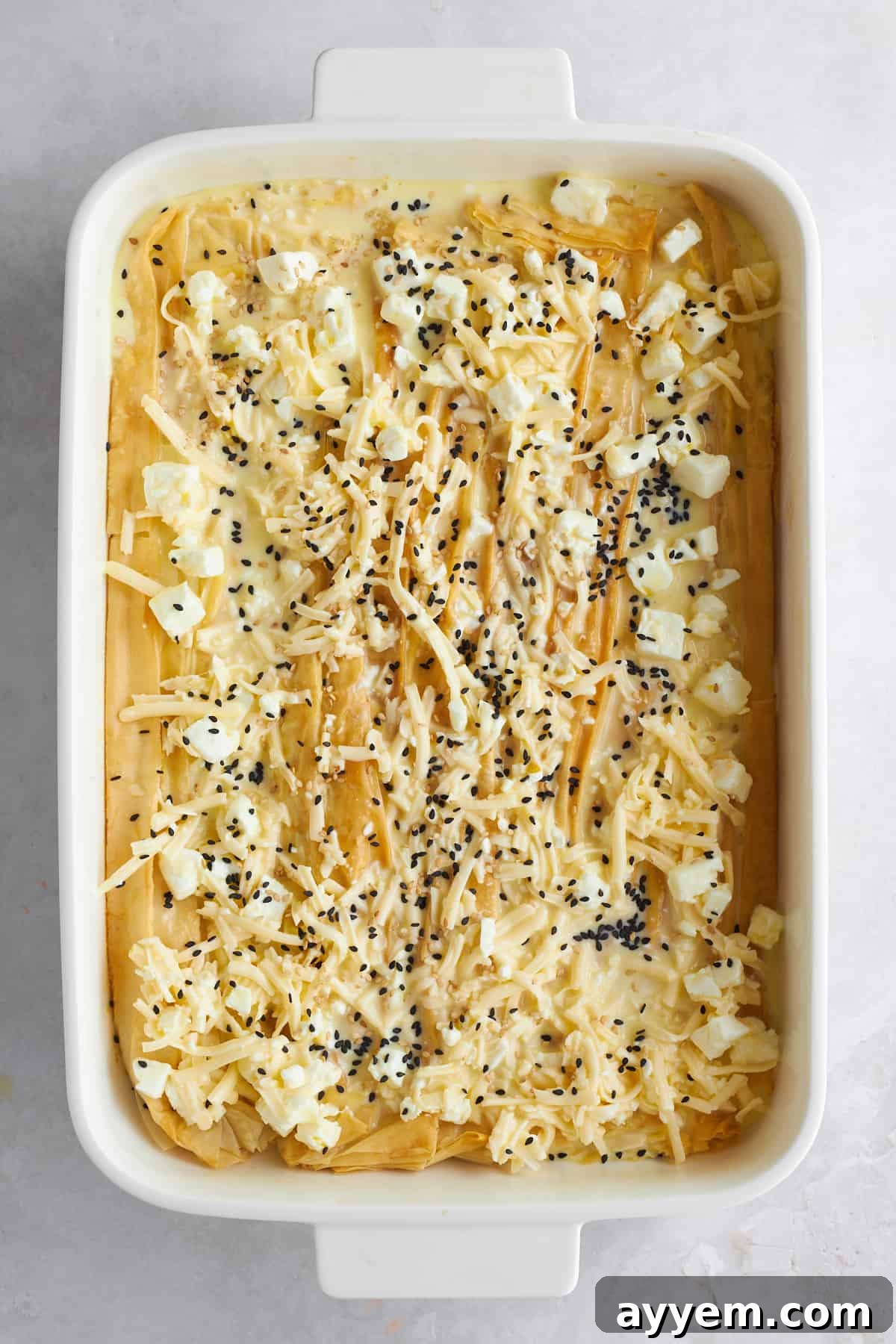 The crinkle feta cheese phyllo bake, freshly out of the oven, golden and bubbly.