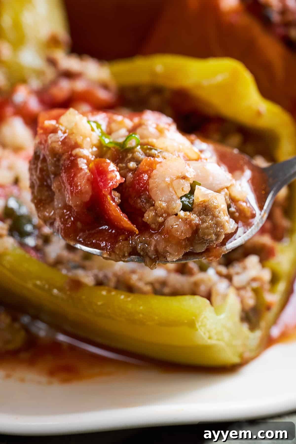 A spoon lifting a delicious bite of the rice and beef filling from a Mediterranean stuffed pepper.