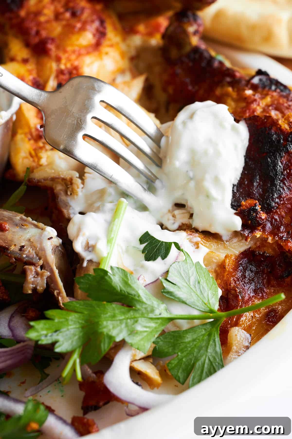 A fork holding a bite of chicken tikka dipped in tzatziki. 