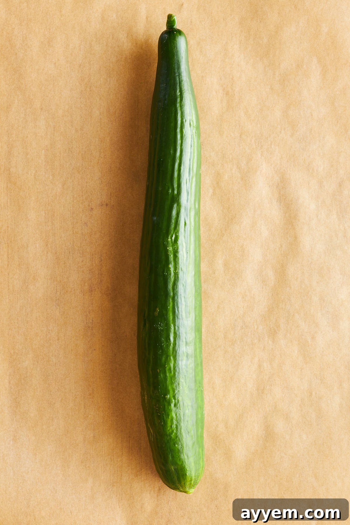A large, fresh English cucumber resting on a piece of parchment paper, ready for preparation.