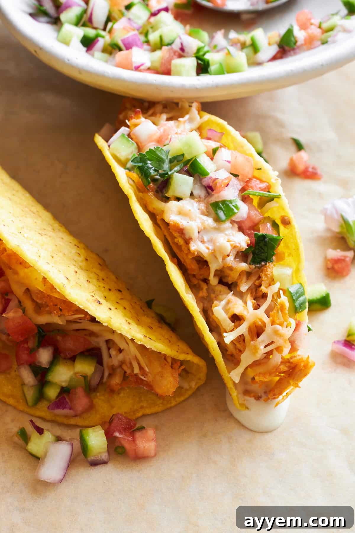 Chicken shawarma taco topped with shirazi salad.