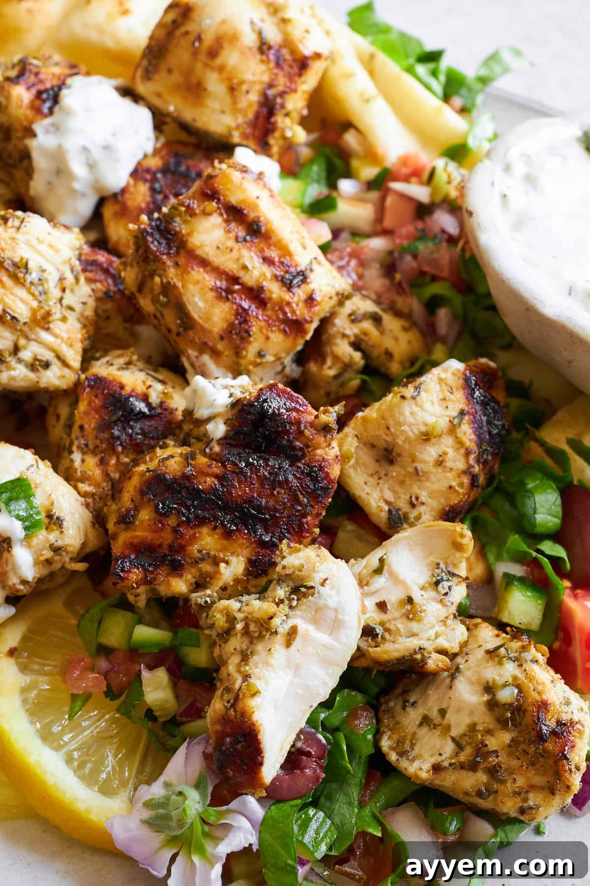Close up image of Greek chicken souvlaki over shirazi salad.