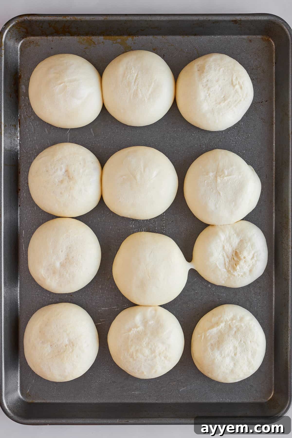 Several raw frozen dinner rolls arranged on a baking sheet, ready for thawing and preparation.