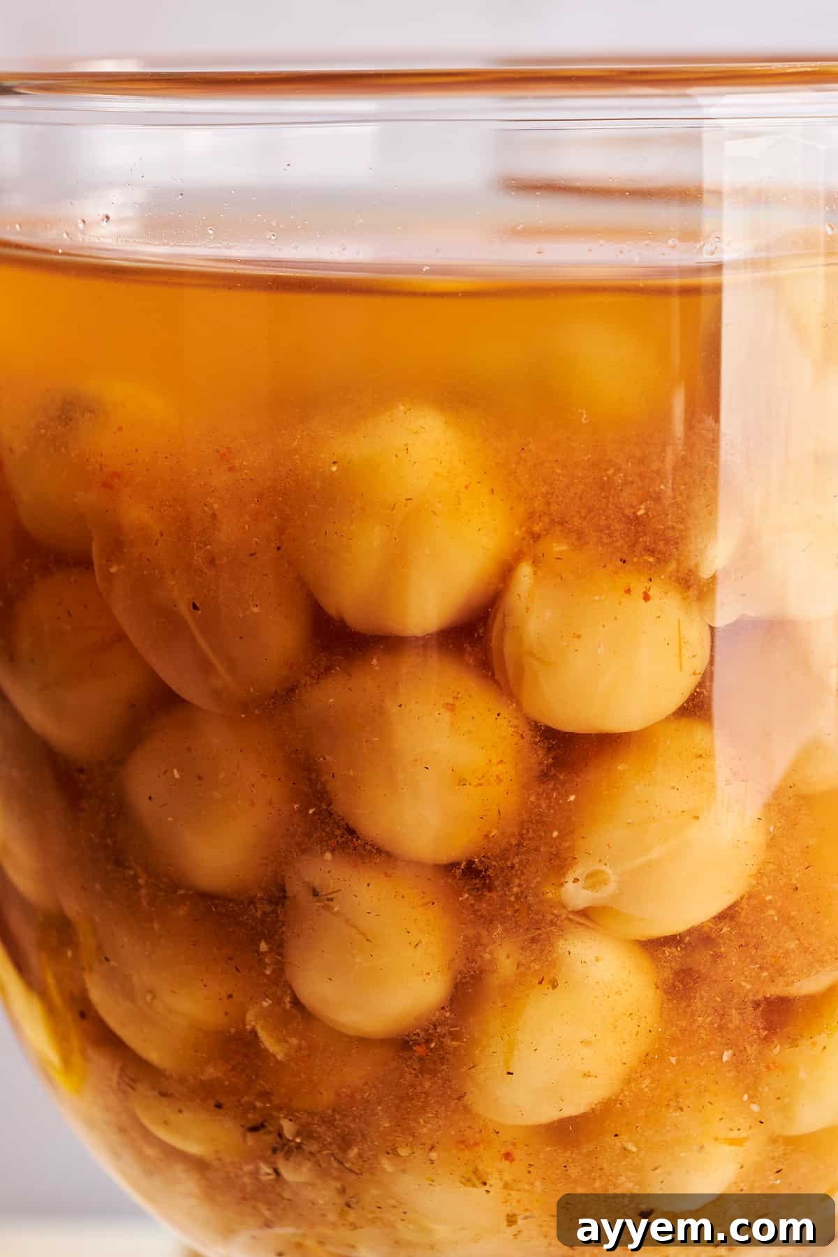 Close up image of hummus el sham in a rustic ceramic bowl, showing the rich broth and chickpeas.