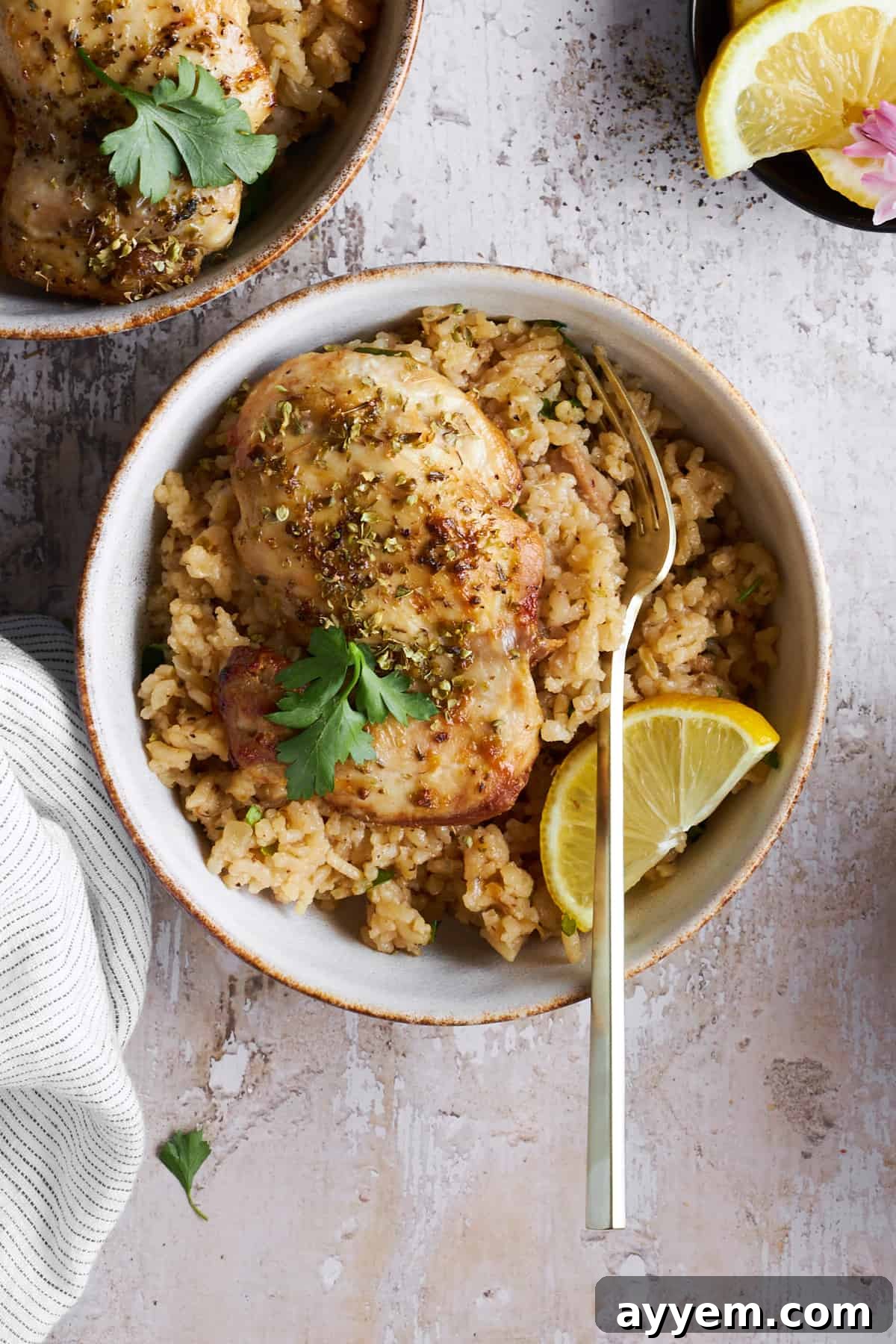 A vibrant bowl of One Pot Greek Chicken and Rice, garnished with fresh herbs and feta.