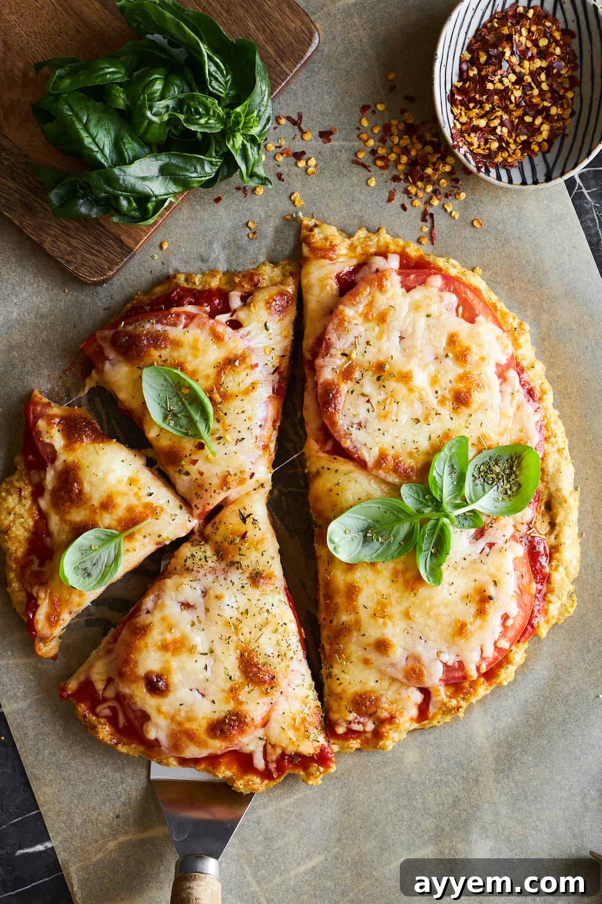 Crispy Chicken Crust Pizza 2 Chicken crust pizza with three pieces sliced, showcasing a crispy crust and melted cheese.