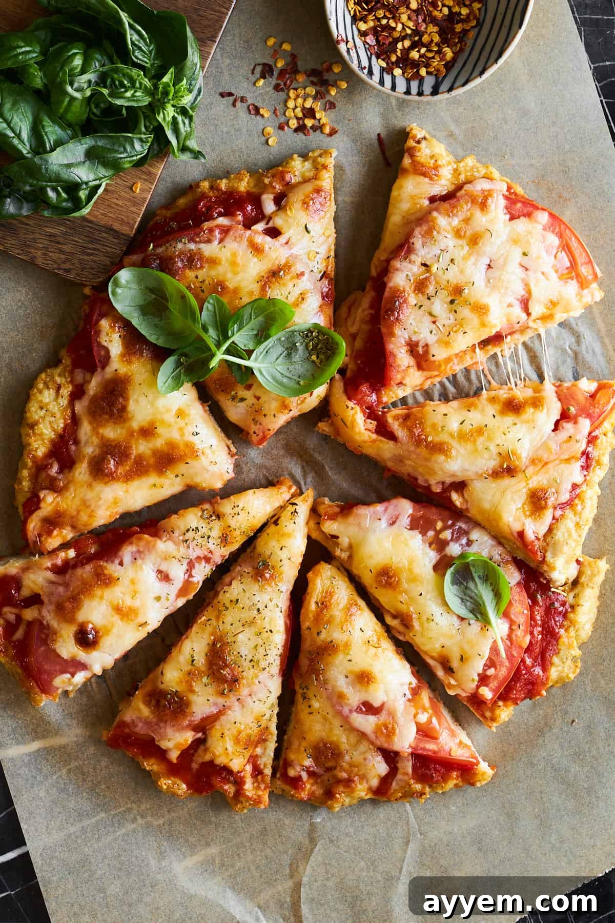 Crispy Chicken Crust Pizza 11 Chicken crust pizza sliced into 8 pieces, showcasing its delicious layers.