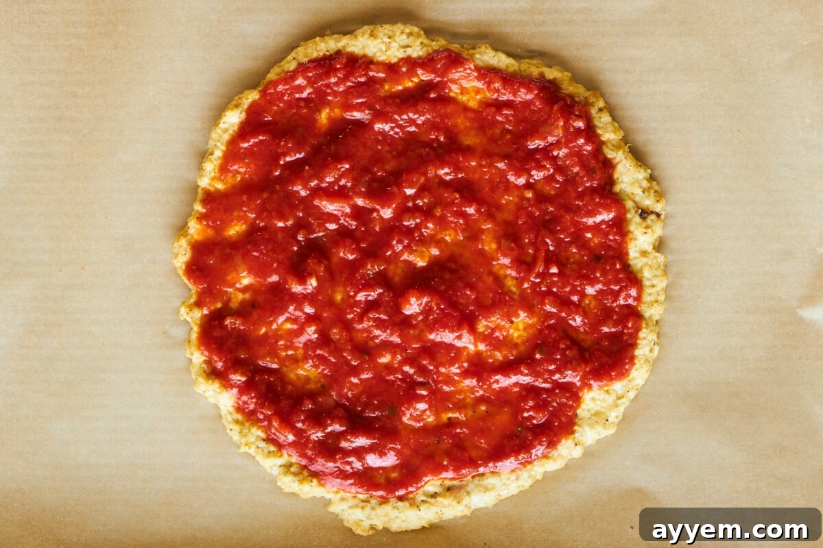 Marinara sauce on chicken pizza crust.