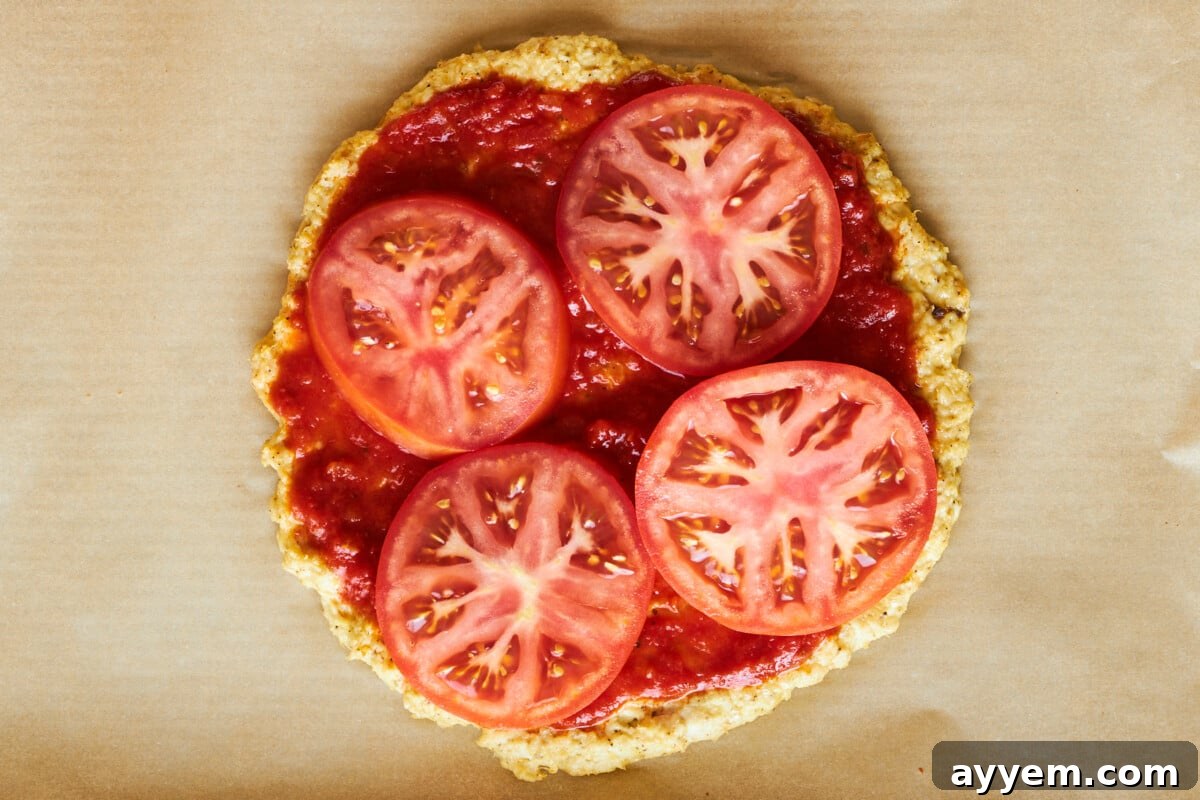 Tomato slices on top of marinara sauce on chicken pizza crust.