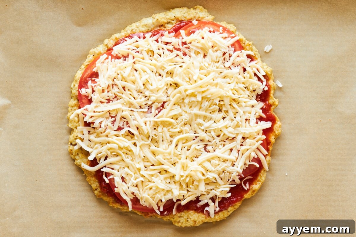 A chicken crust pizza topped with marinara, tomatoes, and cheese.