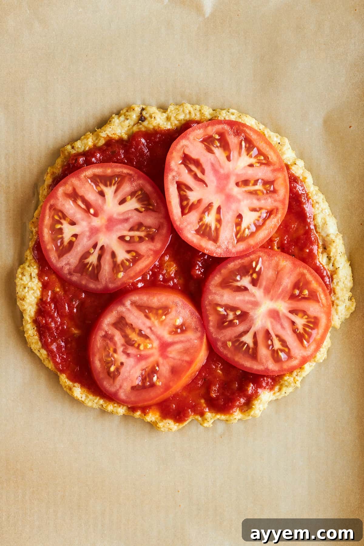 Crispy Chicken Crust Pizza 8 Chicken pizza crust topped with marinara sauce and fresh tomato slices.