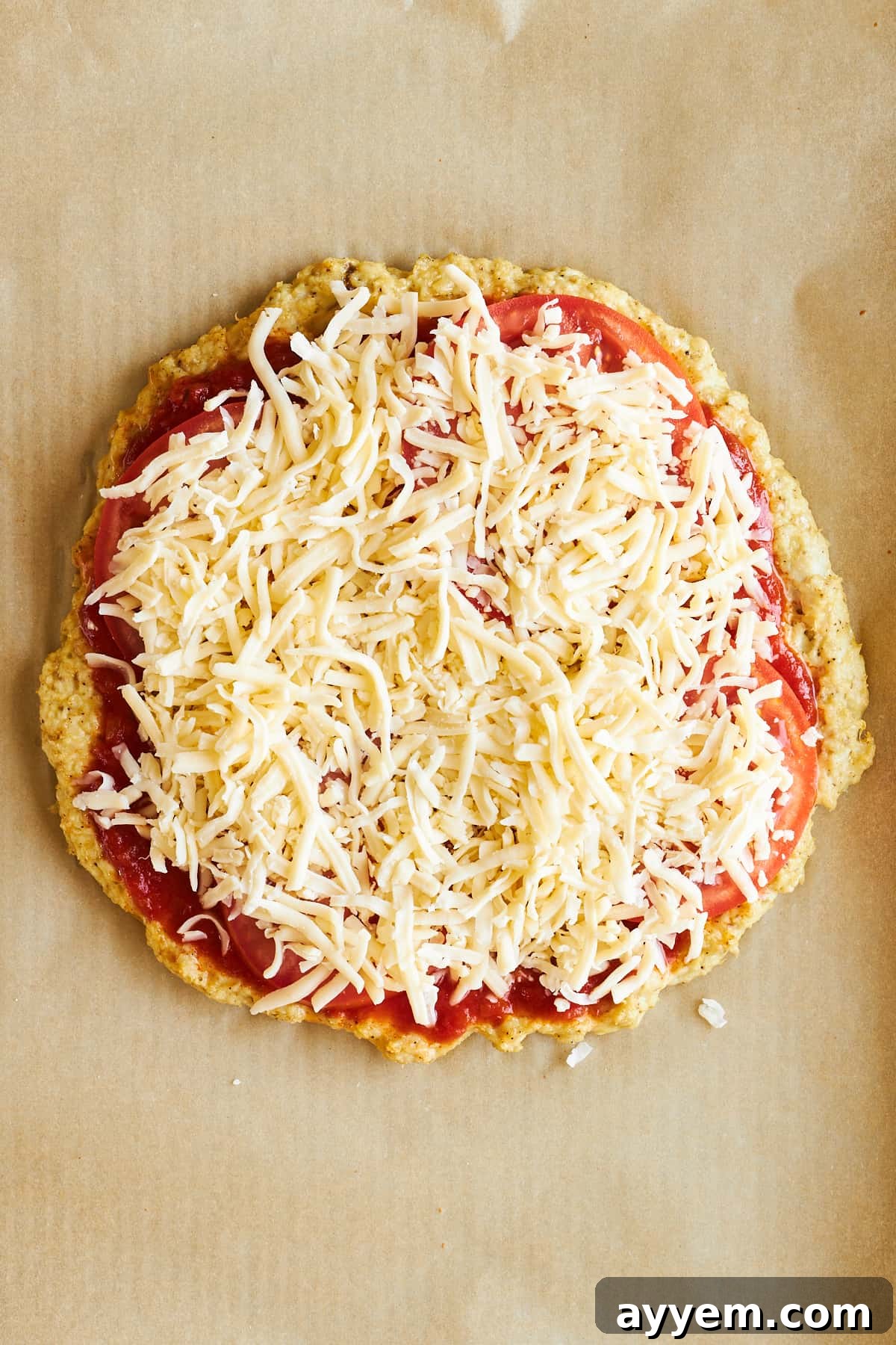 Crispy Chicken Crust Pizza 9 Chicken pizza crust topped with marinara sauce, tomatoes, and a generous layer of cheese.